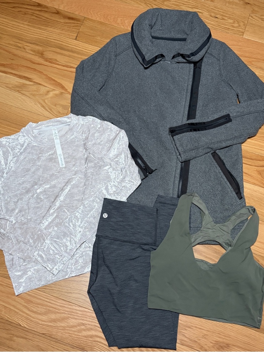 lululemon athletica Gray Jacket, Charcoal Leggings & Olive Sports Bra Set